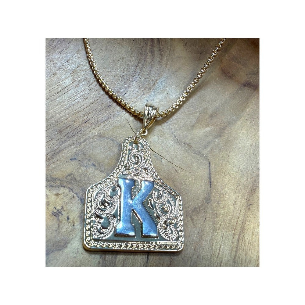 Western Cattle Tag Initial‎ K Pendant Necklace Engraved Filigree Gold NWOT - Picture 3 of 10